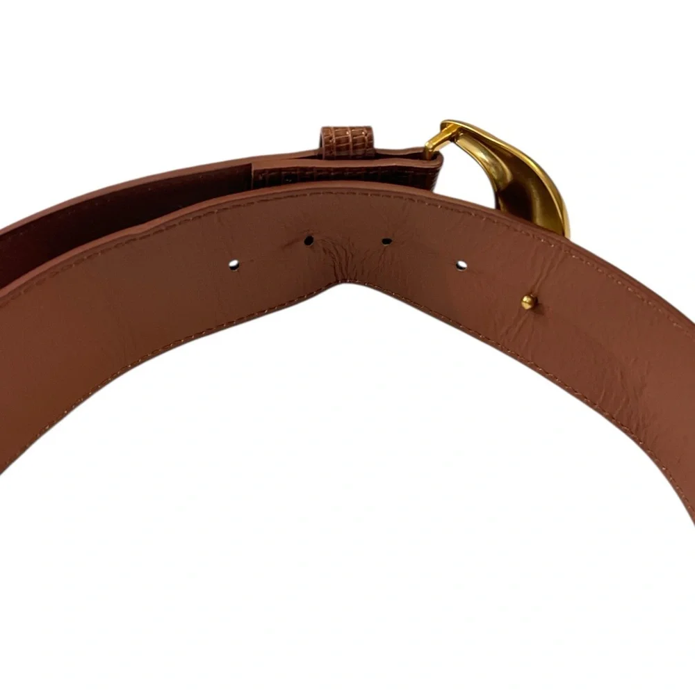 Brand Unkn‎ - Belt w/Gold Buckle, Wide Brown Lizard-Embossed Faux leather Sz 6